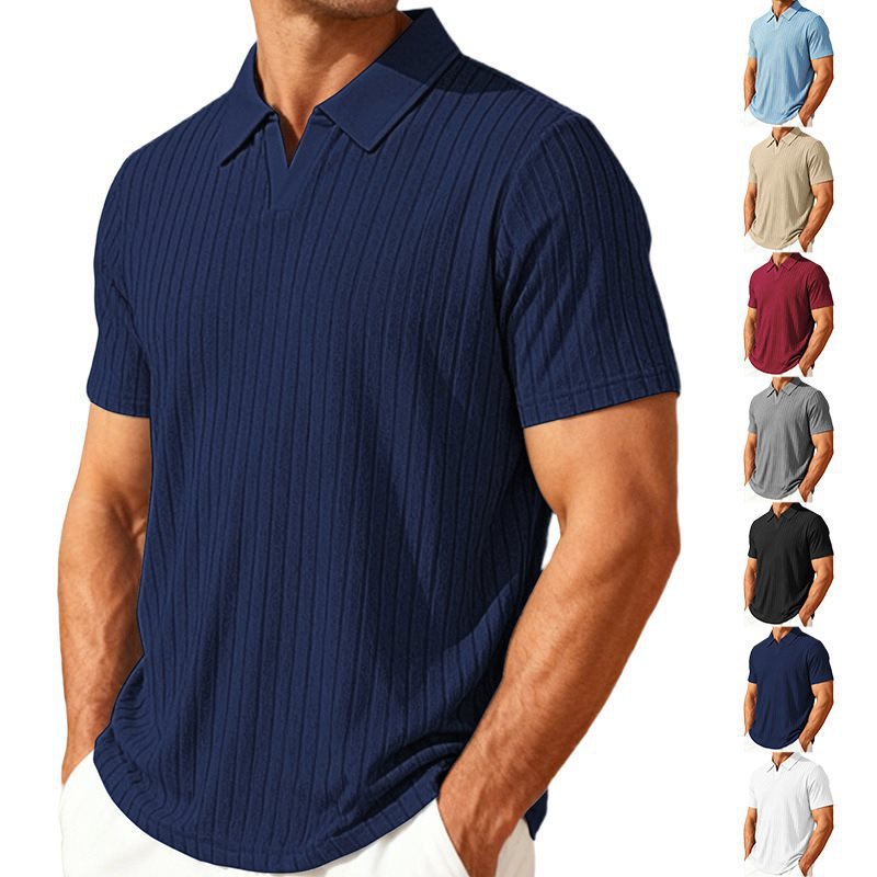 Navy blue textured polo shirt worn by a person, with color swatches of other shirts displayed below.