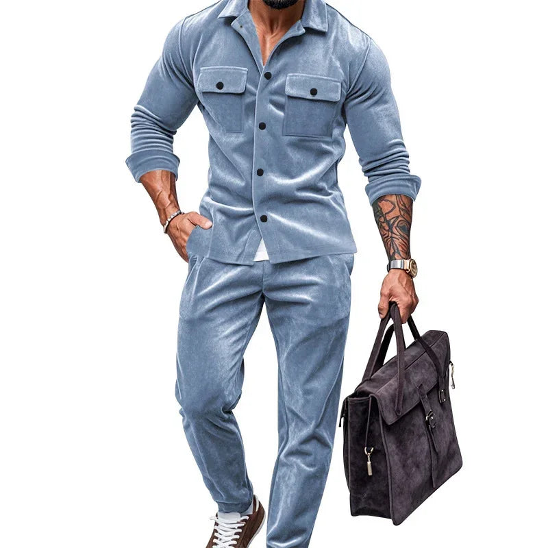 Men’s Suede Cardigan Set – Single-breasted Coat & Trousers - ZA-Zola