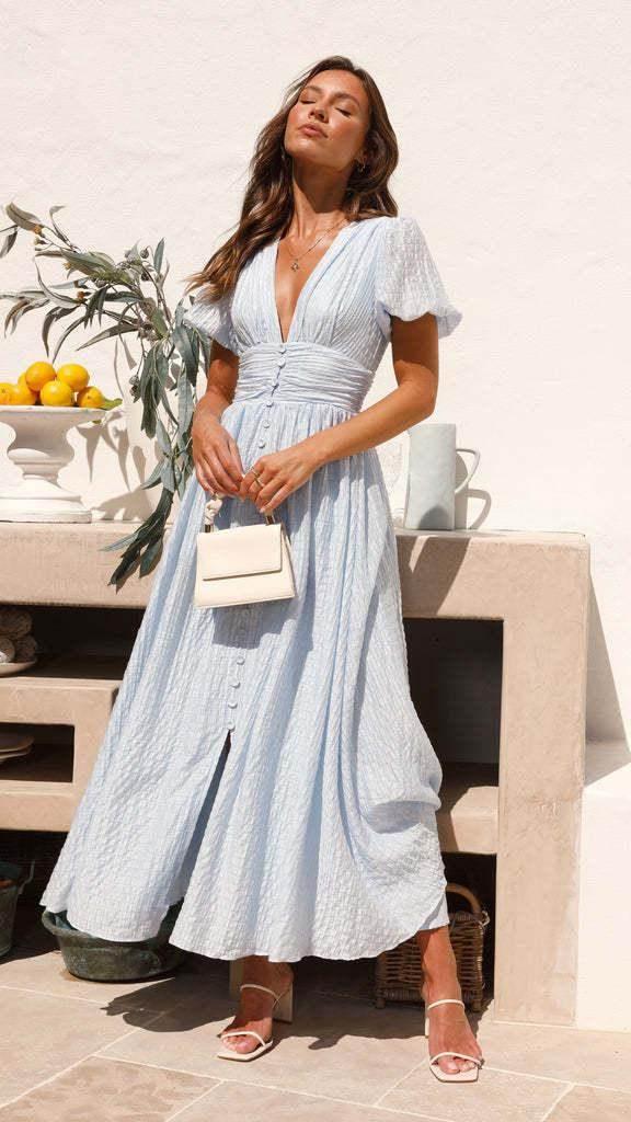 V-Neck Puff Sleeve Long Summer Dress Women - ZA-Zola