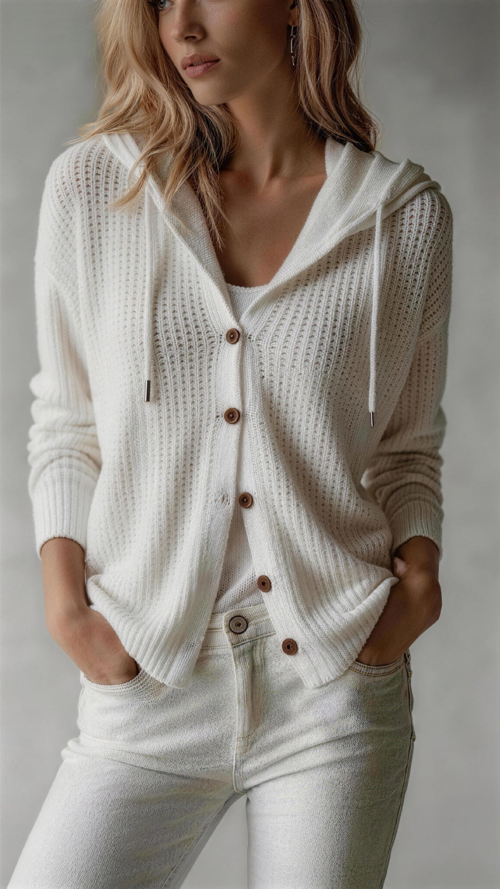 Woman wearing a cream-colored cardigan with brown buttons on a plain background