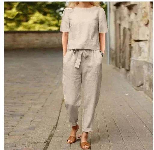 Woman wearing beige linen two-piece outfit with short sleeves and belted pants, ZA-Zola fashion