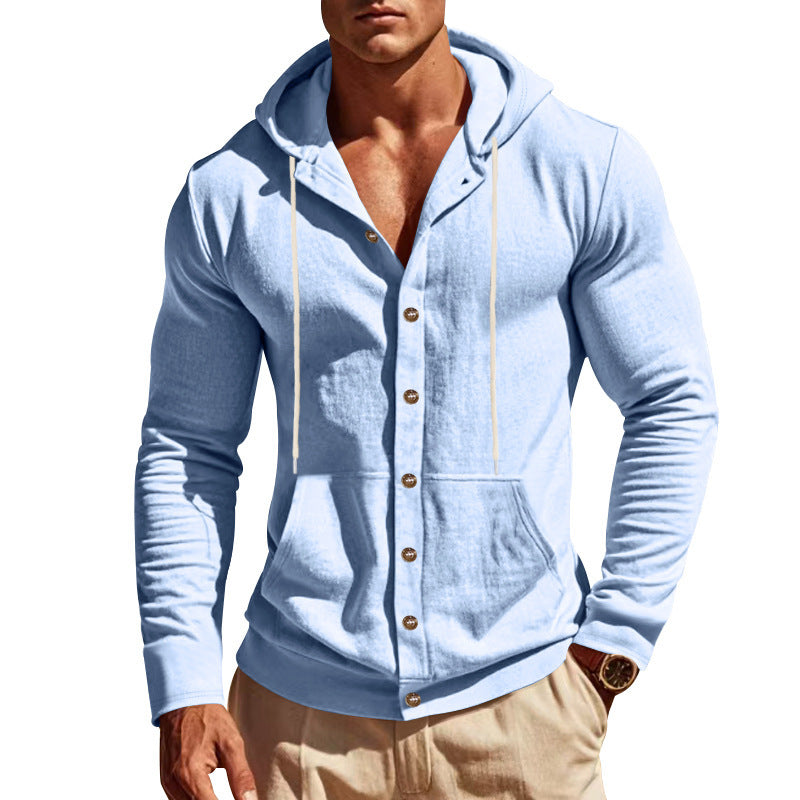 Light blue hoodie with button details on a white background