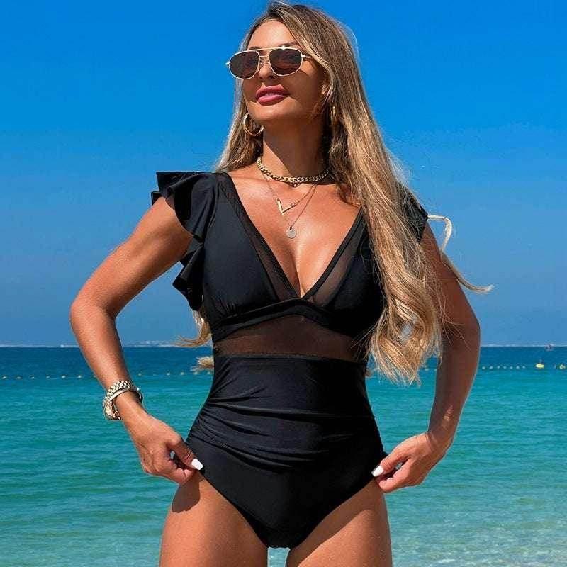 Black Ruffled Sleeve V-Neck Swimsuit | ZA-Zola - ZA-Zola