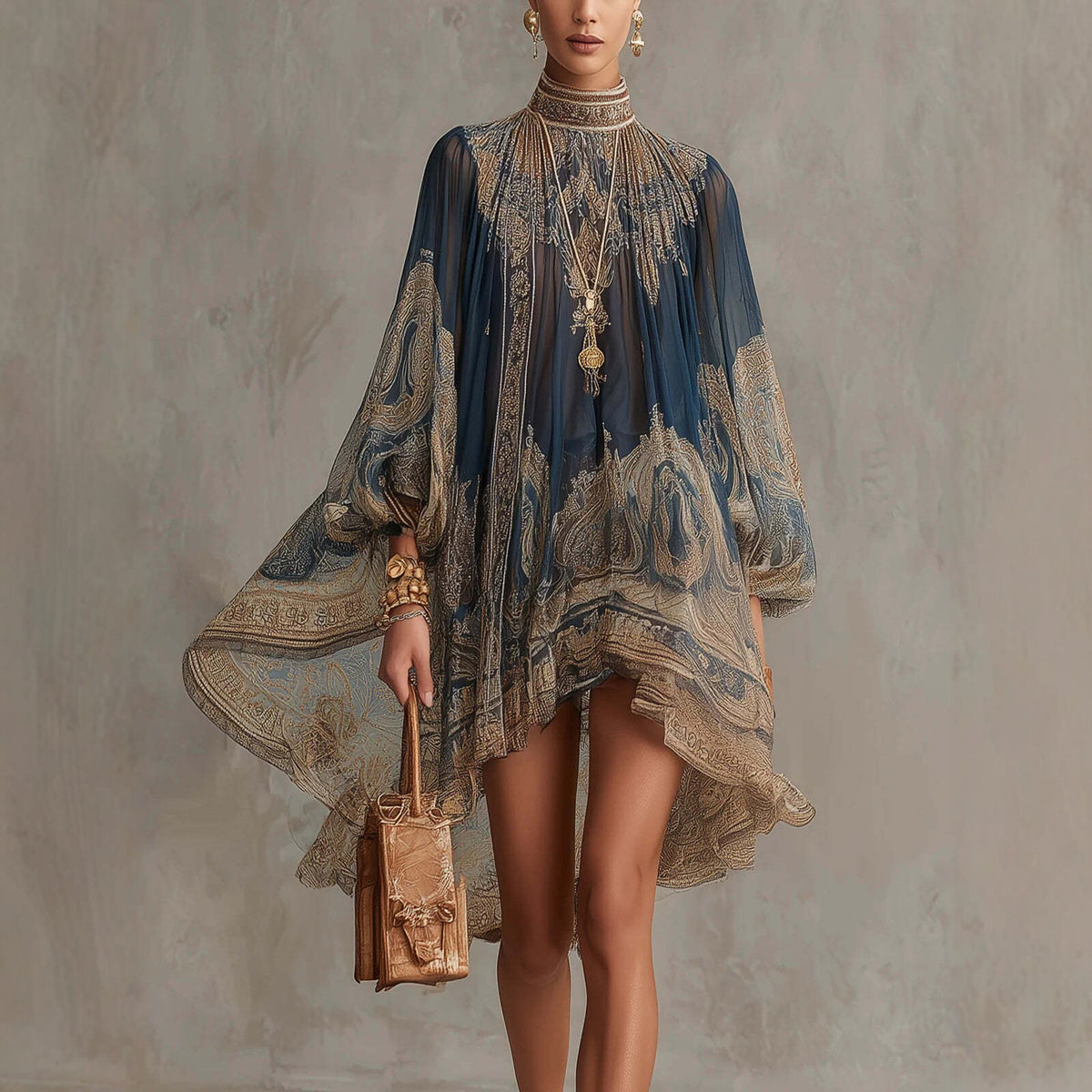 Woman wearing a patterned dress holding a handbag against a neutral background