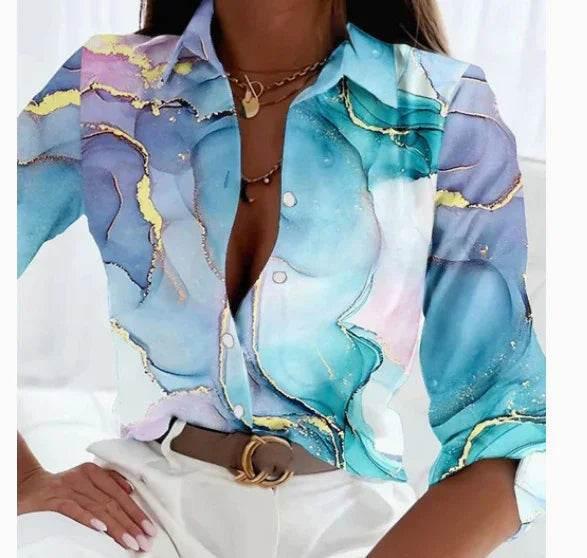 3D Pattern Lapel Button Shirt for Women - ZA-Zola