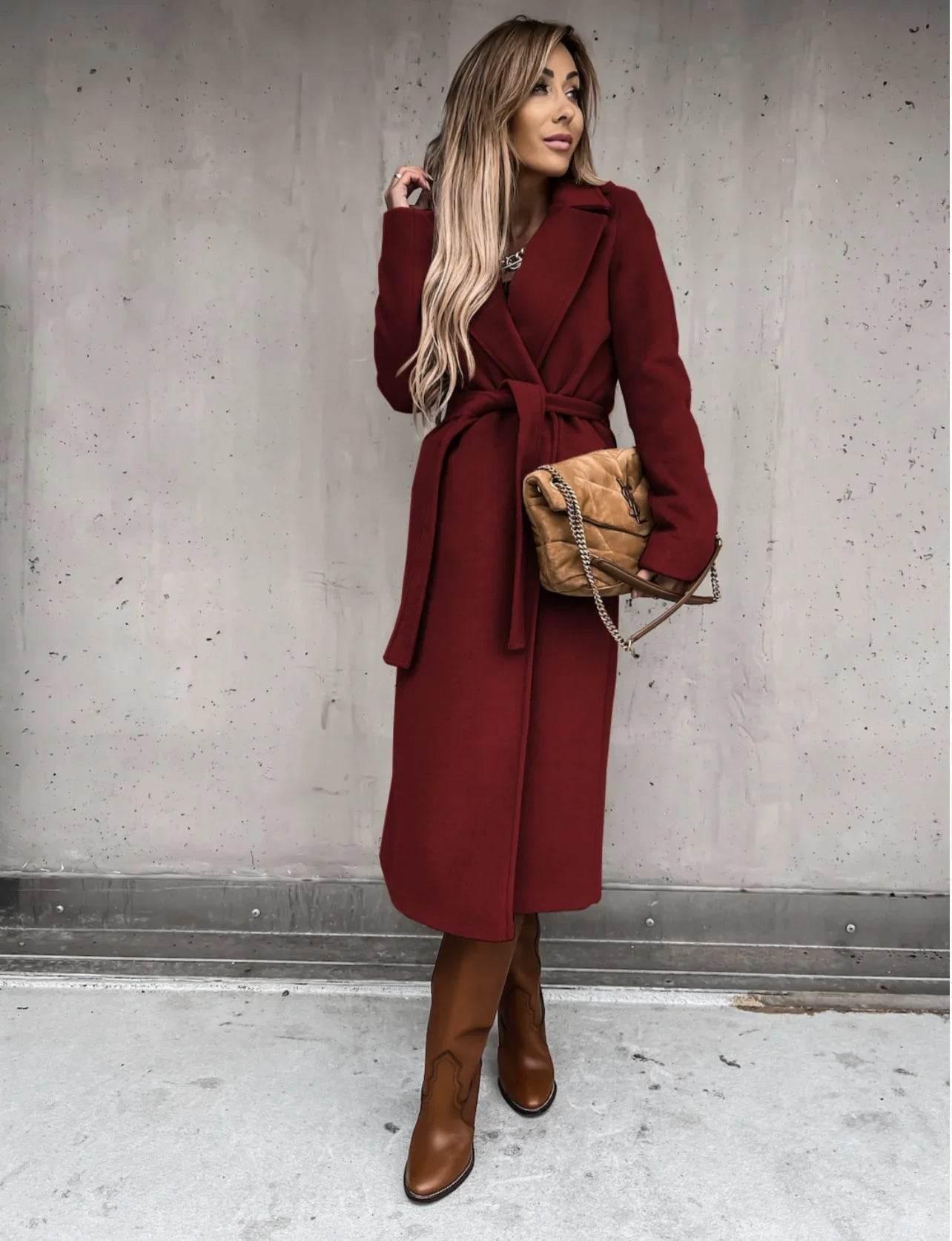 ZA-Zola Women’s Woolen Lace-Up Long Coat - ZA-Zola