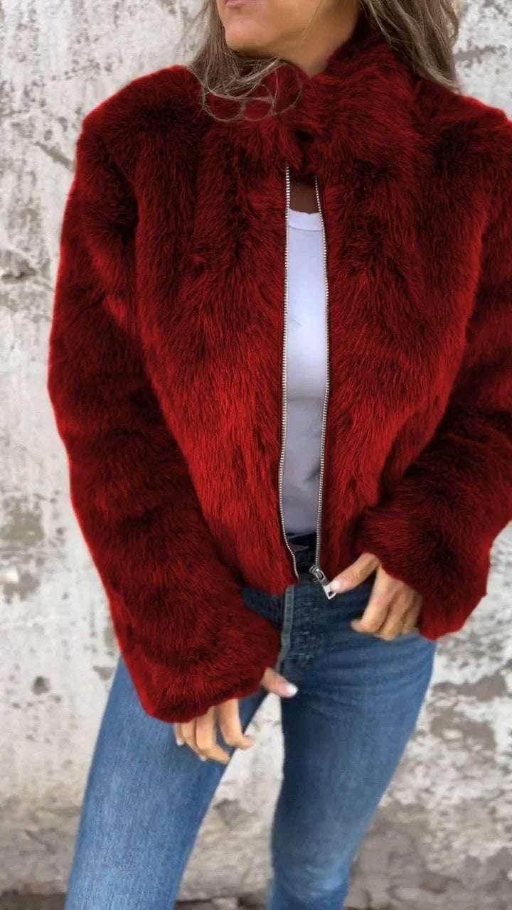 Winter Plush Stand Collar Jacket – Fleece Zipper Coat for Women - ZA-Zola