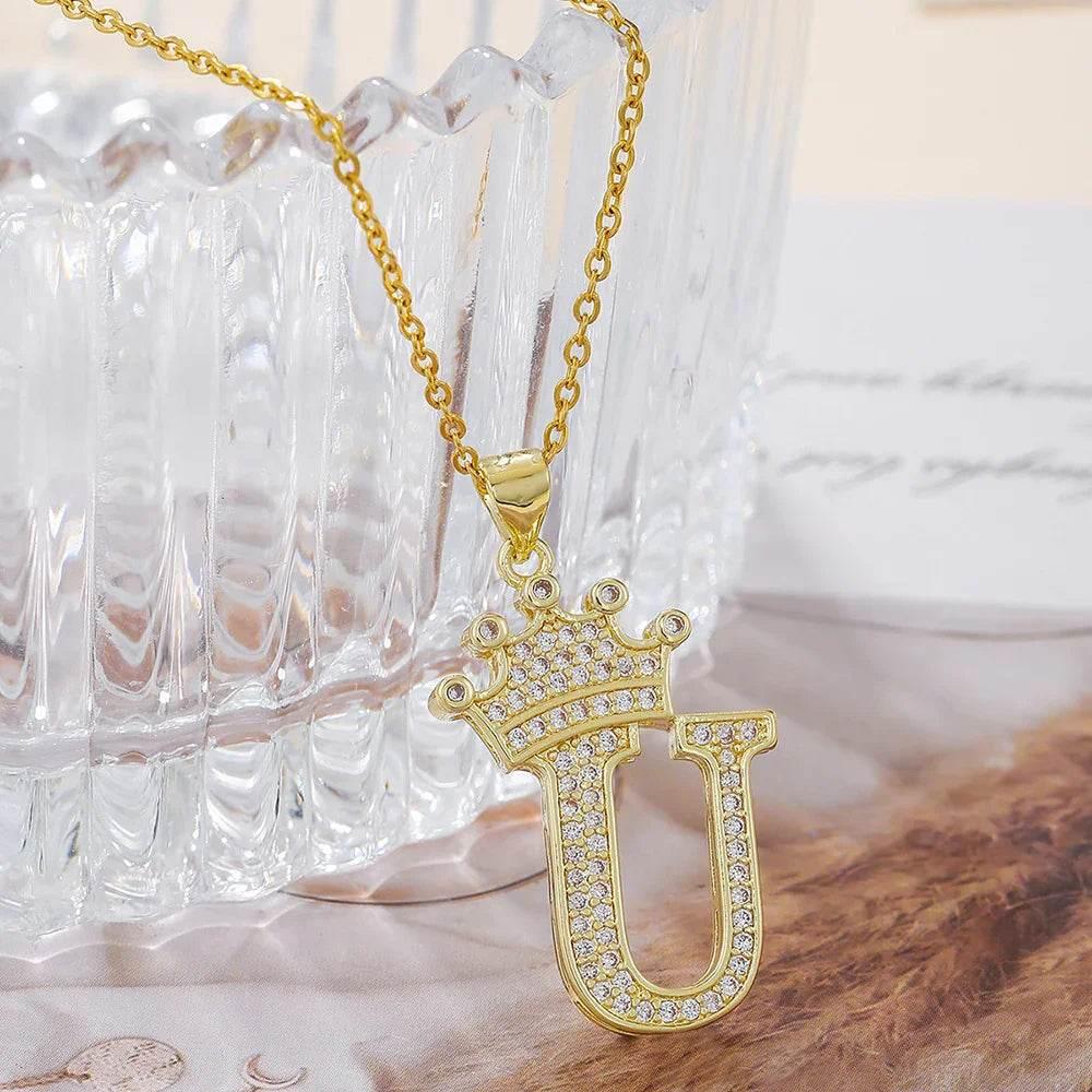 Gold Crown Initial Pendant Necklace for Daily Wear - ZA-Zola