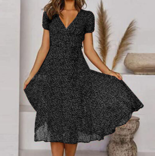 Printed V-Neck Short Sleeve Lace-Up Dress for Women