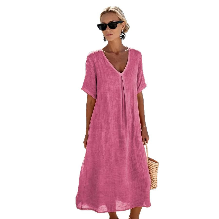 Casual Loose Fit V Neck Floor Length Dress Women Short Sleeve Solid Color Relaxed Cotton Linen Style Maxi Dress