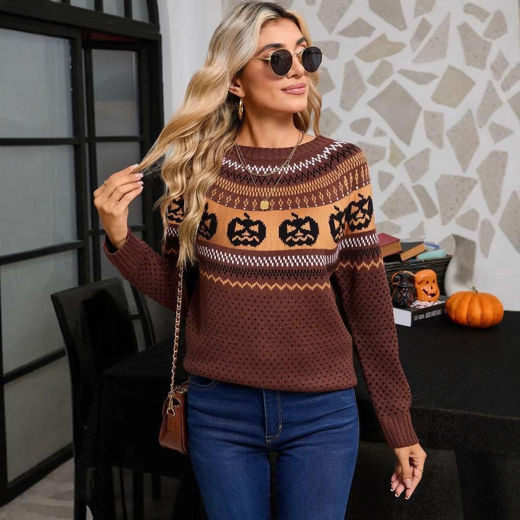 ZA-Zola Halloween Pumpkin Embroidered Sweater - ZA-Zola