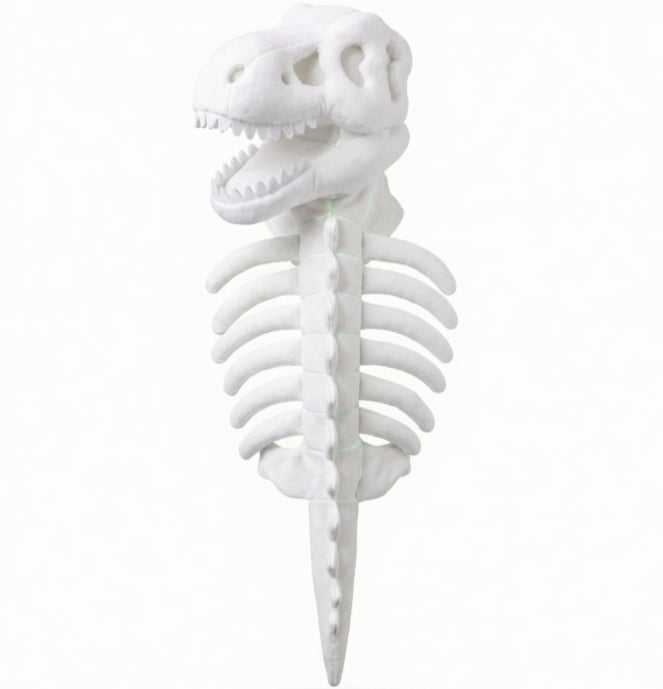 A white dinosaur skeleton model, featuring a detailed skull with open jaws and sharp teeth, connected to a rib cage and long spine, shown against a plain white background.