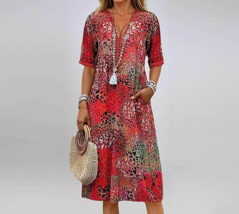 Ethnic Print V-Neck Summer Dress with Pockets - ZA-Zola