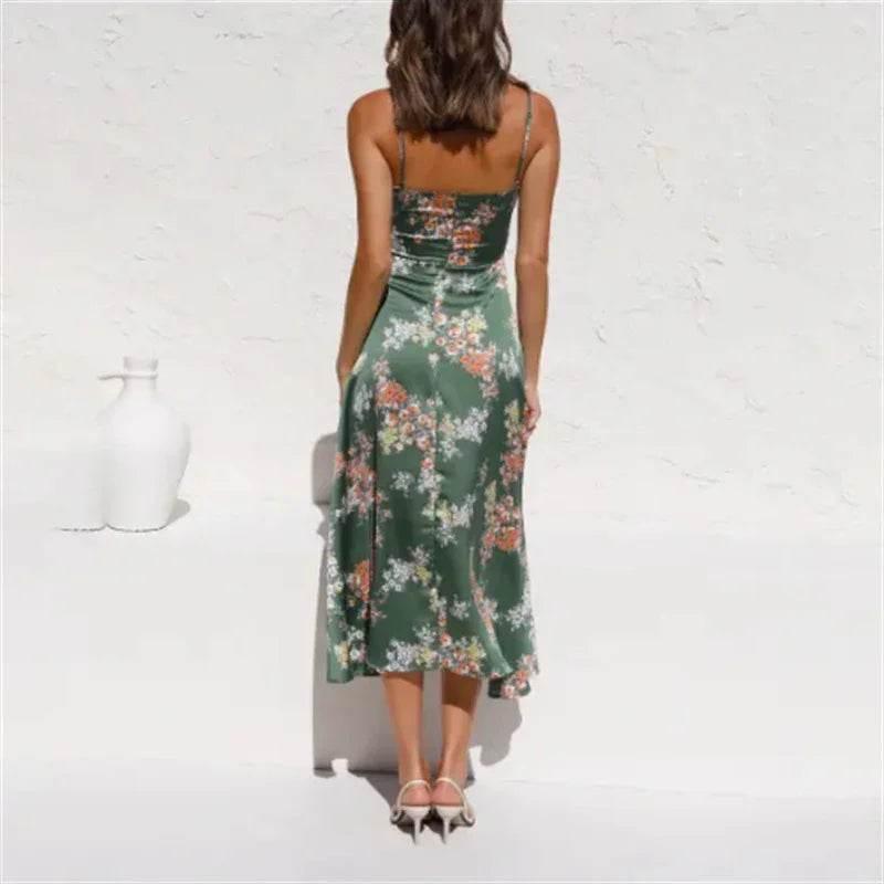 Flower Print Split Suspender Dress - Summer Beach Style - ZA-Zola