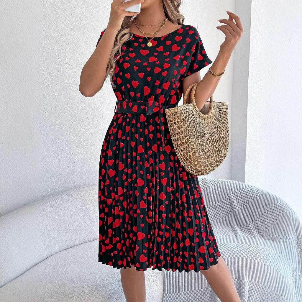 Pleated Heart Print Casual Dress – Mid Length - ZA-Zola