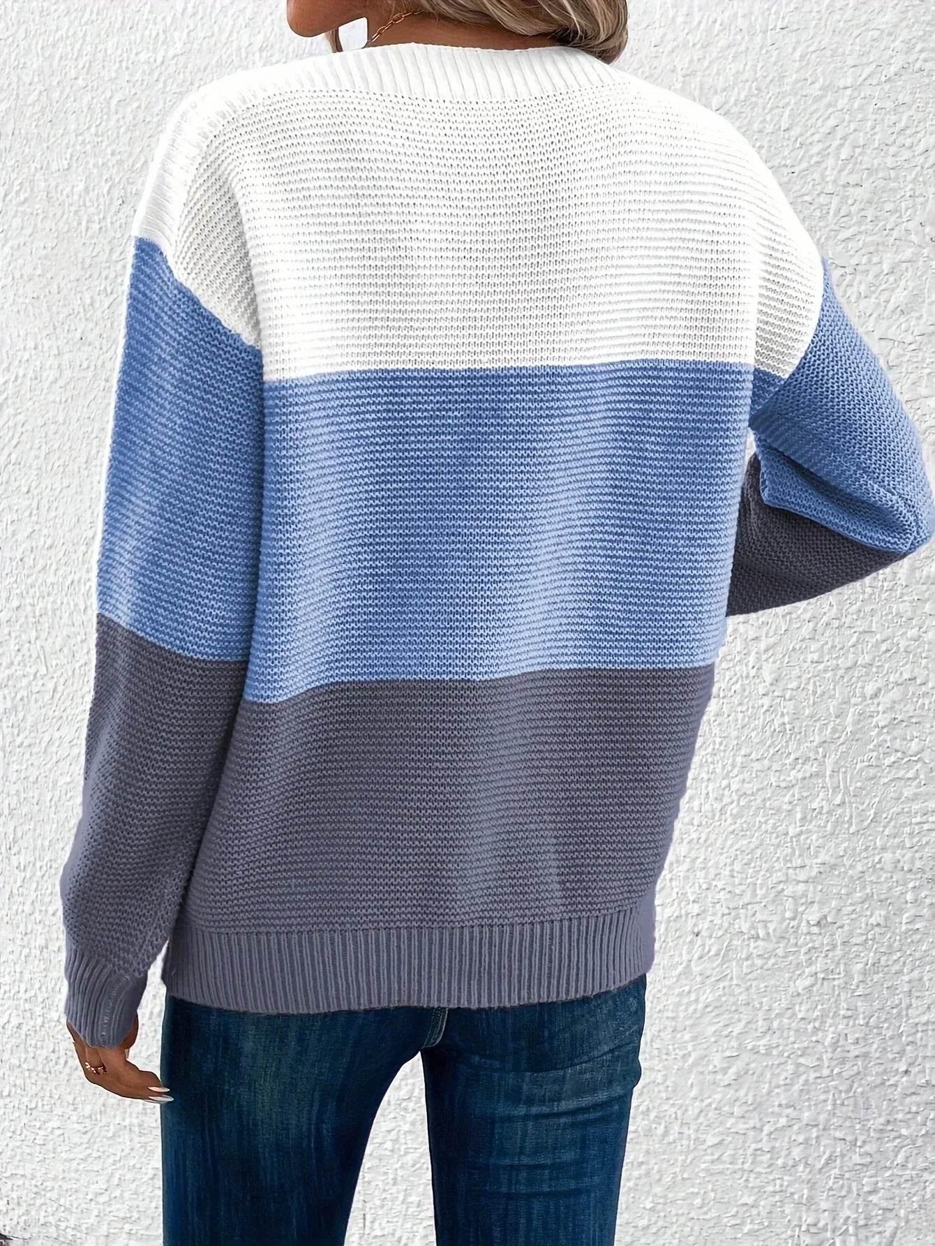 ZA-Zola Women's Round Neck Splicing Knit Sweater - ZA-Zola
