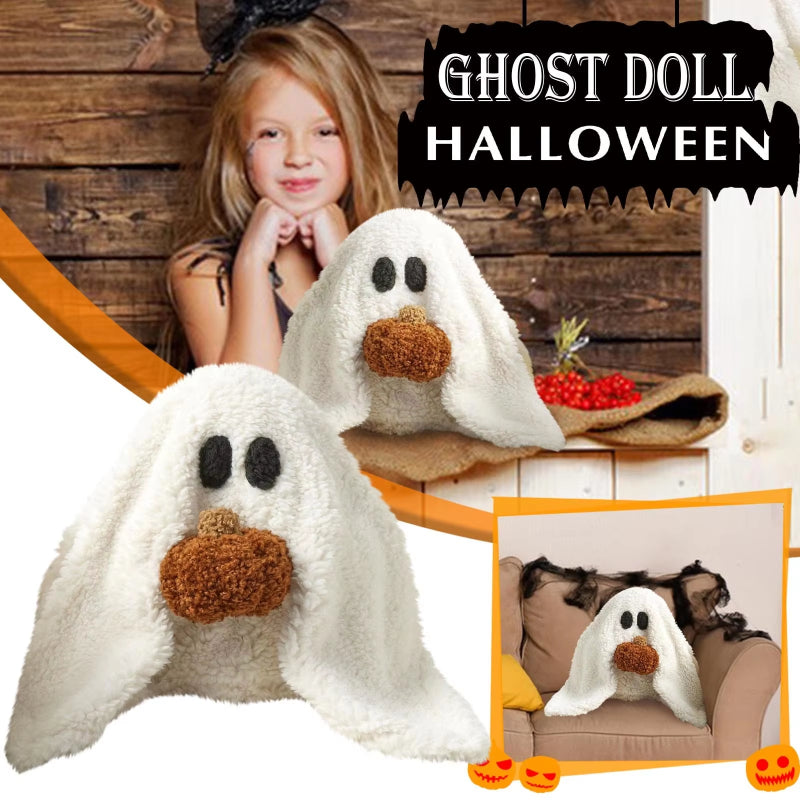 Ghost doll with brown noses and eyes on a wooden background, with a girl and inset images.