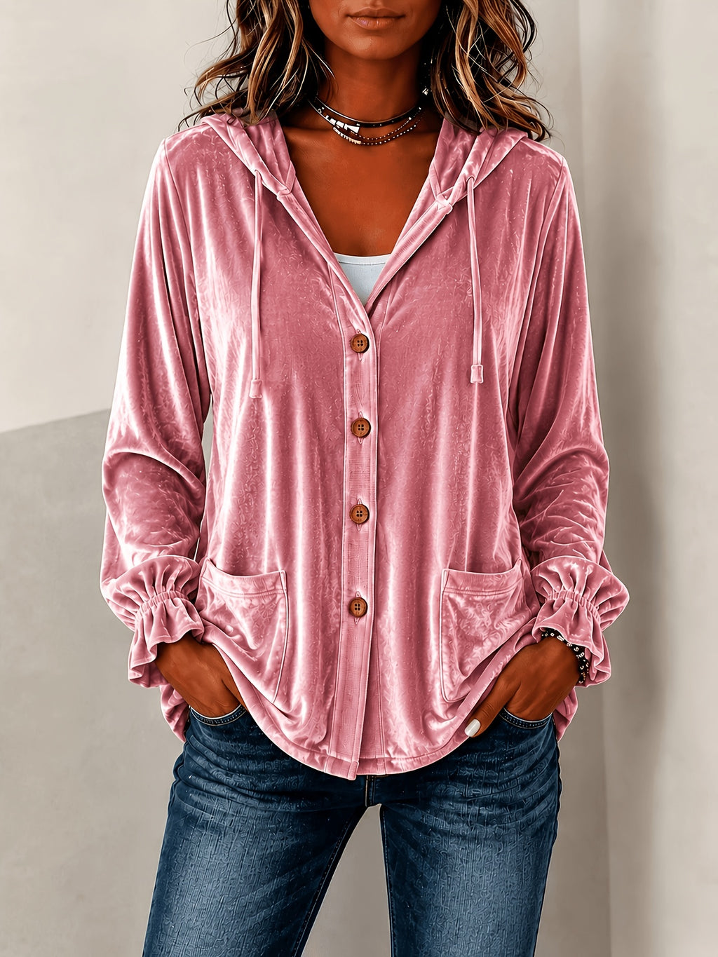 A woman wearing a dusty pink velvet hooded button-up shirt with drawstrings and front pockets, paired with blue jeans.
