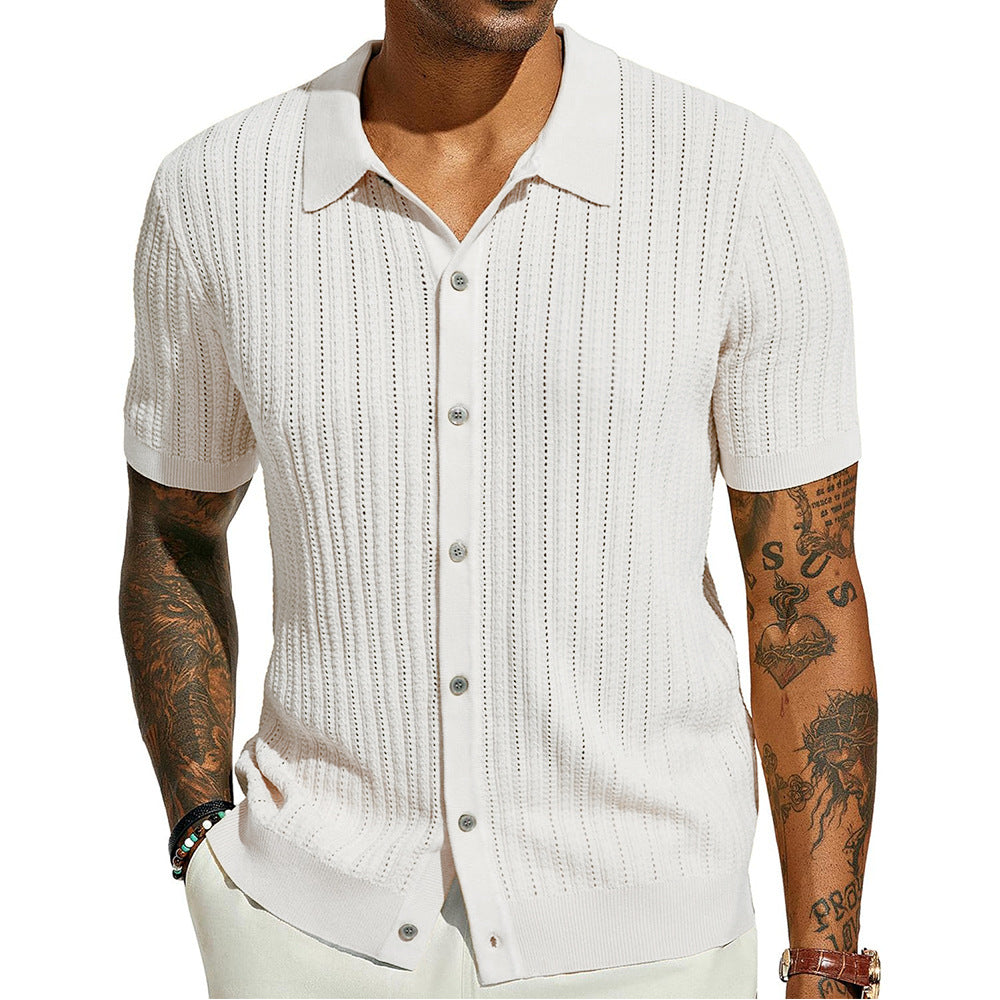 Man wearing a textured white shirt with short sleeves on a white background