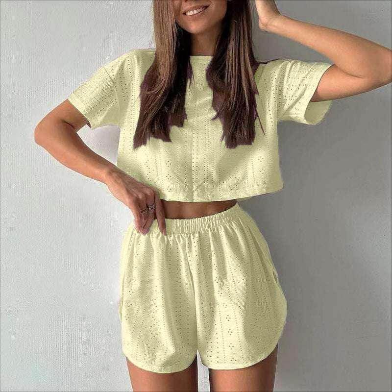 Woman wearing light yellow eyelet crop top and shorts set, ZA-Zola trendy fashion