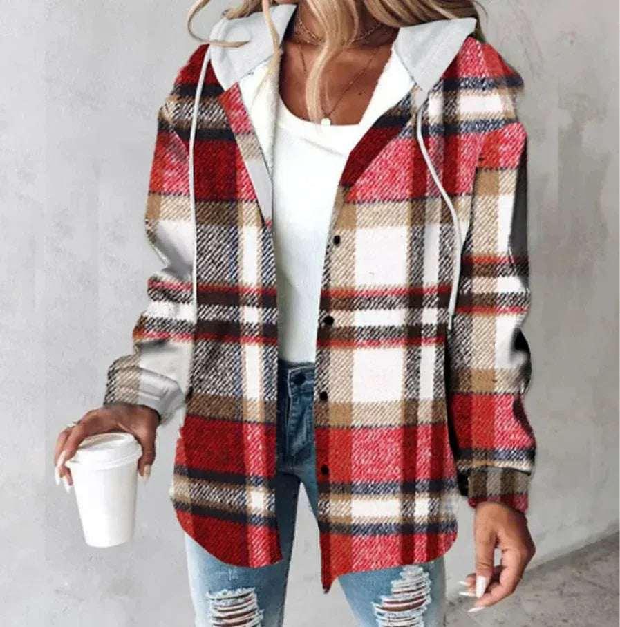 Plaid Hooded Jacket Women Button Pocket Coat - ZA-Zola