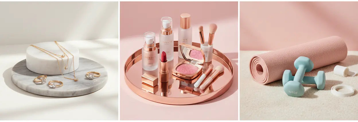 Three product sets on a neutral background: jewelry, skincare, and fitness equipment.