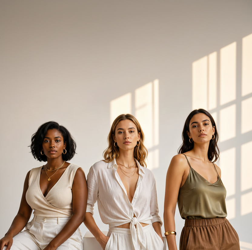 Three women posing in stylish outfits against a neutral background
