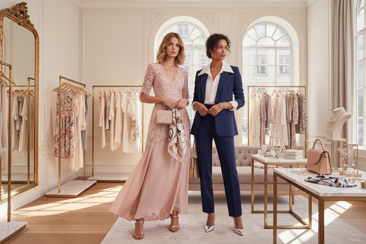 Two women standing in a stylish clothing store with racks of clothes and a mirror.