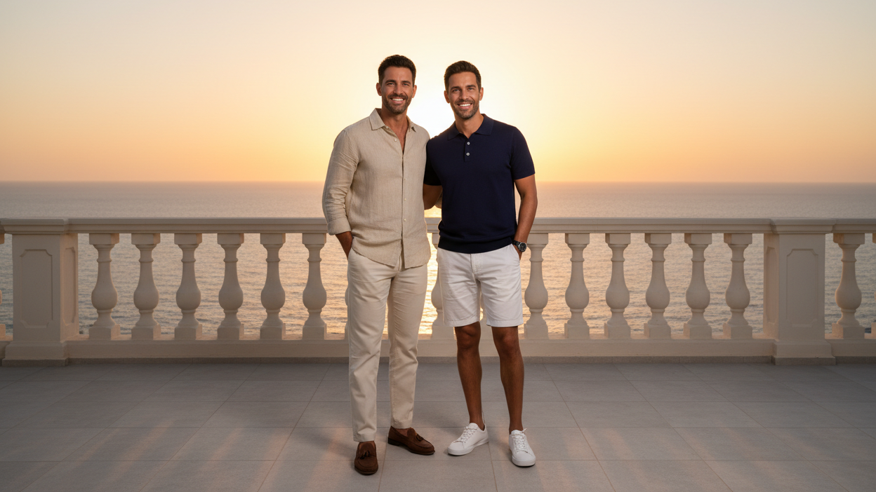 Two men standing on a balcony with a sunset or sunrise in the background.