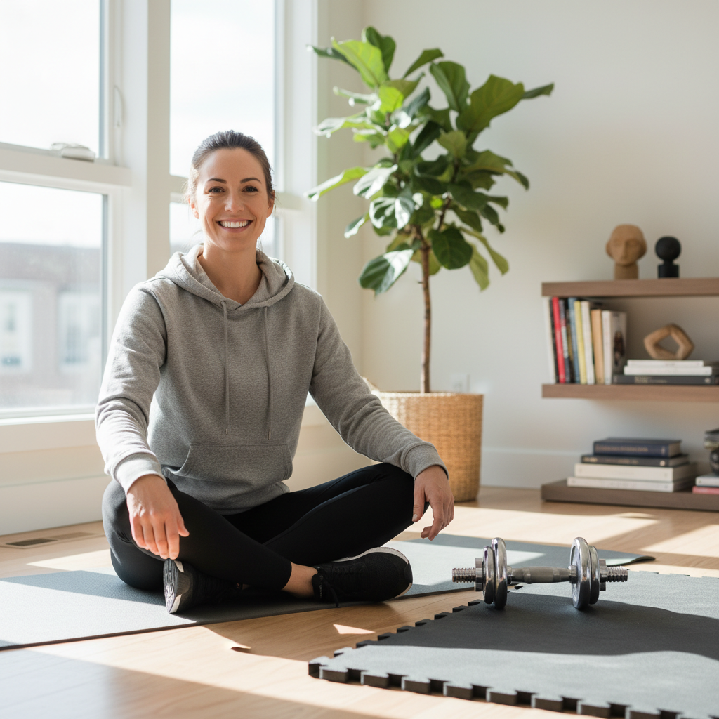 Woman sitting on a yoga mat with a dumbbell in a home setting